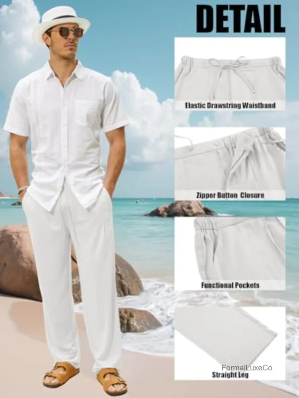 Men's Summer Casual Linen Pants Elastic Drawstring Waistband Straight Leg